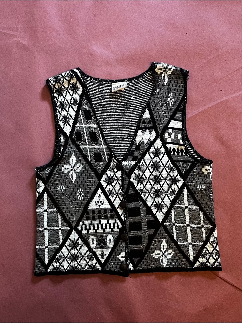 Vintage-Inspired Black & White Geometric Knit Vest by Classic Elements